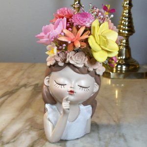 Planter with bright flowers you never water! Molded resin girl-adorable details